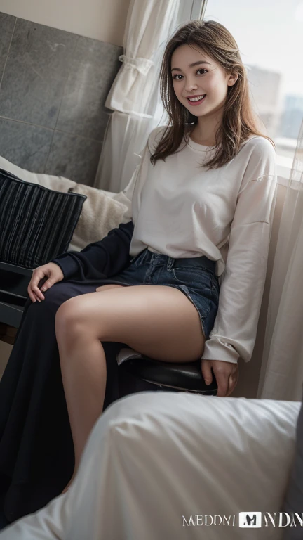 innocent 16 year old girl、((Random color oversized sweatshirt,skirt,dramatic pose)),cute face,bright eyes,tear bag,はにかんだ笑face,shortcut,bed background,Raw photo, (8K、highest quality、masterpiece:1.2)、(intricate details:1.4)、(realistic:1.4)、octane rendering、Intricate 3D rendering Super detaileded, soft light in the studio, rim light, vivid details, Super detailed, realistic skin texture, face, fine and beautiful eyes, Highly detailed CG Unity 16k wallpaper, compensate, (detailed background:1.2), shiny skin, whole body、draw from head to foot,((bend your knees and squat,M-shaped spread legs))、(urine leakage、Pissing、urination、incontinence:1.4)