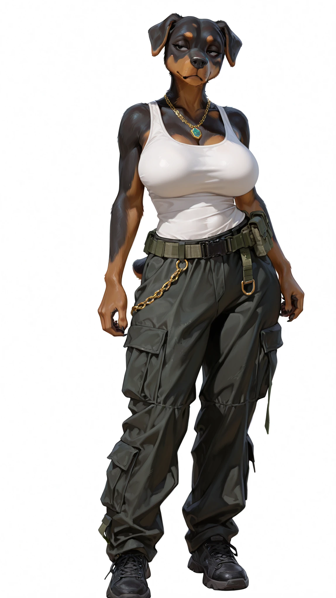 masterpiece, best quality, amazing quality, very aesthetic, high resolution, ultra-detailed, absurdres, newest, female, Rottweiler, big breasts, folded ears, black eyes, bored, fluffy tail, paws, claws, full body, white background, BREAK, photorealistic details, volumetric lighting, thick highs, wide hips, furry, anthro, half-lidded eyes, (white tank-top, necklace, necklace chain), (black pants, cargo pants, combat_belt), black sneakers