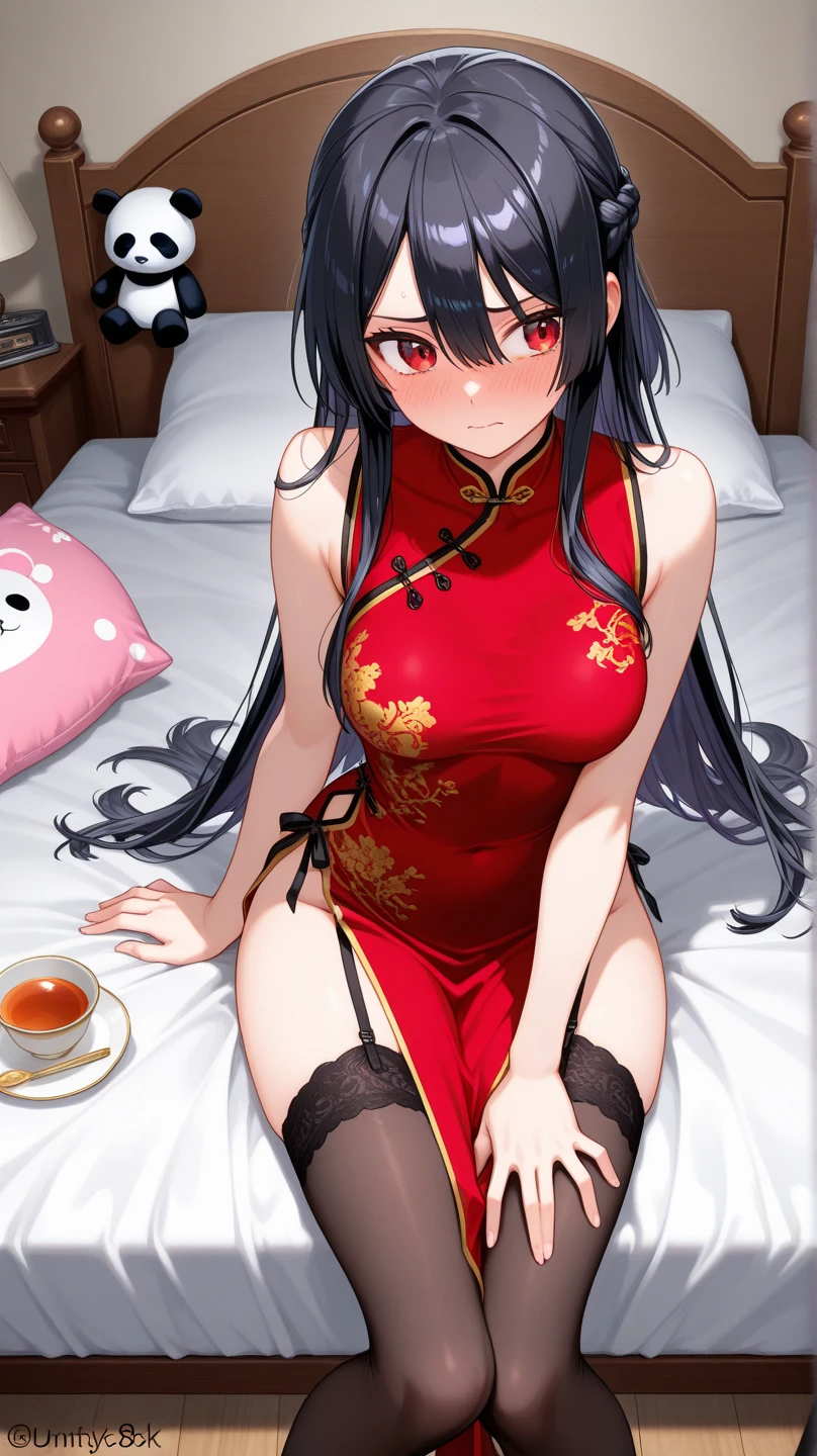 (masterpiece、highest quality、Super detailed)、((1 girl))、black hair、twintails、blunt bangs、red eyes、smile、steam、earrings、small breasts、red chinese clothes 、No sleeve、wariza、((soapland))、((pink soapmat))、bathtub、Take a photo from above

