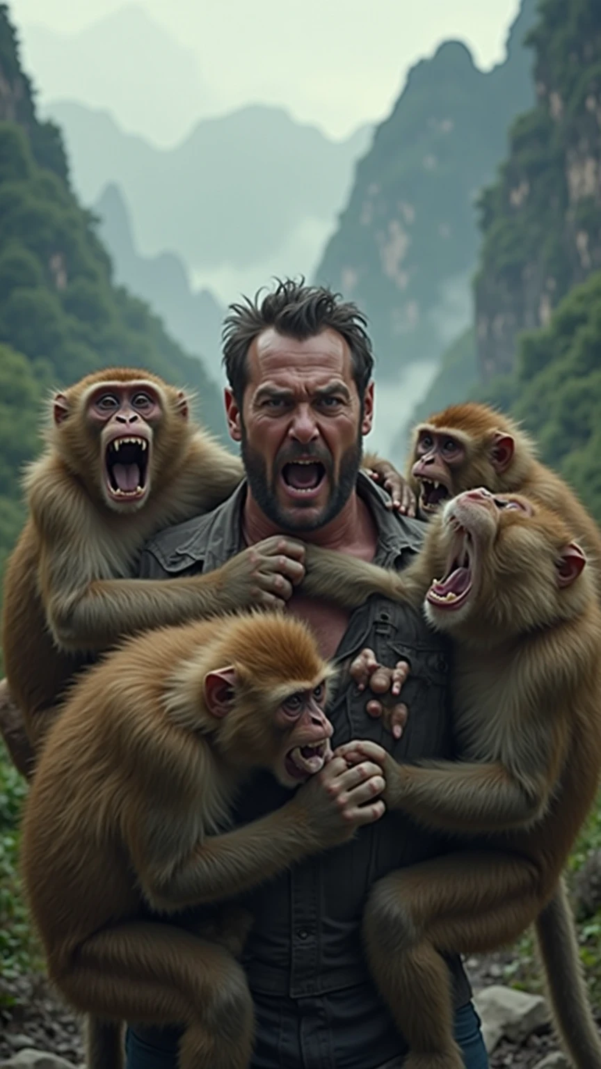 (best quality, ultra-detailed, realistic:1.37), a battle scene of Ash from the movie "Evil Dead" with a group of highly detailed enraged macaques wielding large sabers, illustration, highres, vivid colors, horror, intense lighting