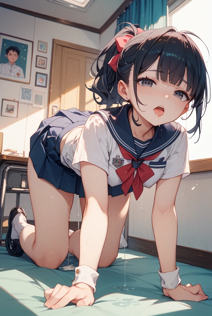 Bobcut、Black-haired 、Sailor suit、Sweating at the gym、Desperate form、Sweaty、indoor、Many other guests、Composition from below、Plain white panties、in motion、Grit your teeth、Squat、With legs wide open