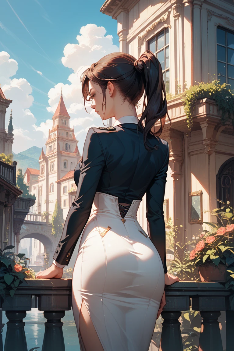 hd photo A Mevis Dracula with black hair in a ponytail, wide hips in a thong, a short plaid miniskirt and a transparent lace white shirt stands at the castle background