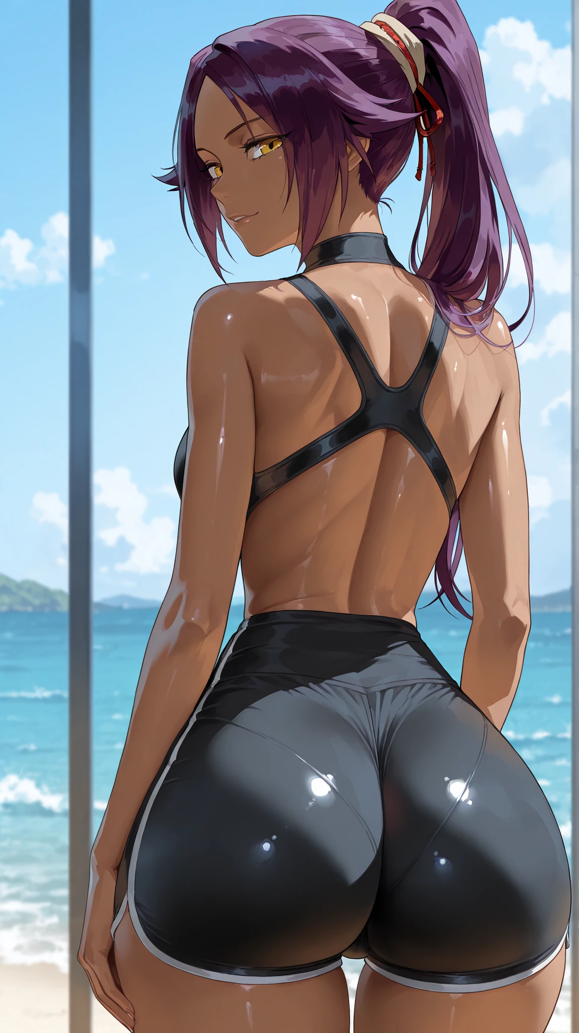 (((1 girl))), medium to large breasts, a beautiful and cute lady, standing, (((in the pool at night))), (big muscular ass), {{{wearing a very sexy bikini }}} , naked, (thin waist), (incredibly beautiful ass), full body photo, (((Ichika Amasawa))) , white skin, red ribbons in hair, standing, (((bright yellow eyes) )), good anatomy, perfect hands, (((muscular legs))), thin waist, muscular abdomen, wearing black high heel shoes, ((( with her back to me showing her big shapely ass to me))), view from the floor, white skin, (extremely perfect) hands, (perfect fingers), perfect feet, very well done and detailed hands, ((perfect nails)), (black nails), (straight magenta hair), shiny hair, reflection in hair, straight hair, (((twintails hair))), (golden yellow eye body photo), anime, minimalism, anime style, ray tracing, cinematic lighting, shine, JPEG artifacts, bright light, divine rays , backlight, symmetry, panorama, Sony FE, hard drive, art - Prime, accurate, anatomically correct, Super Detail, best quality, hard drive, juice, 16k