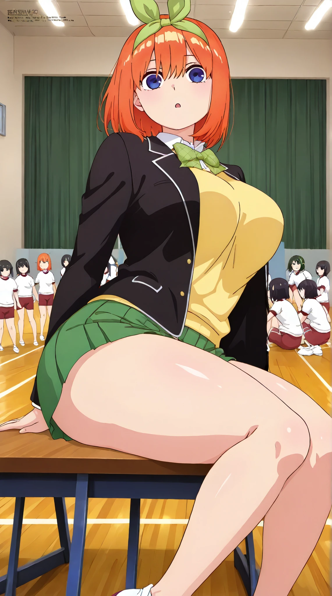 1girl, y0tsuba, large breasts, orange hair, blue eyes, short hair, hair between eyes green bow hairband, black blazer, open blazer, yellow sweater vest, white collared shirt, bowtie, plaid bowtie, green skirt, pleated skirt,y0tsuba, orange hair, blue eyes, short hair, hair between eyes, green bow hairband,thick thighs, kGymn4s3,score_9, score_8_up, score_7_up, rating_safe, masterpiece, best quality, absurdres, unity 8k wallpaper, official art, official style, source_anime, uncensored, game cg, megami magazine,taiikukan, indoors, sportswear, multiple girls, indoors, photo background, shorts,25+girls, ceiling light, black hair, ceiling, stage, wooden floor, gym uniform, sportswear, ,no_lines_red_gym_uniform, no_lines_red_gym_shorts, nlrgus,sitting on the floor grasping one's knees (as in a gym class),y0tsuba, orange hair, blue eyes, short hair, hair between eyes, green bow hairband,Gymn4s3