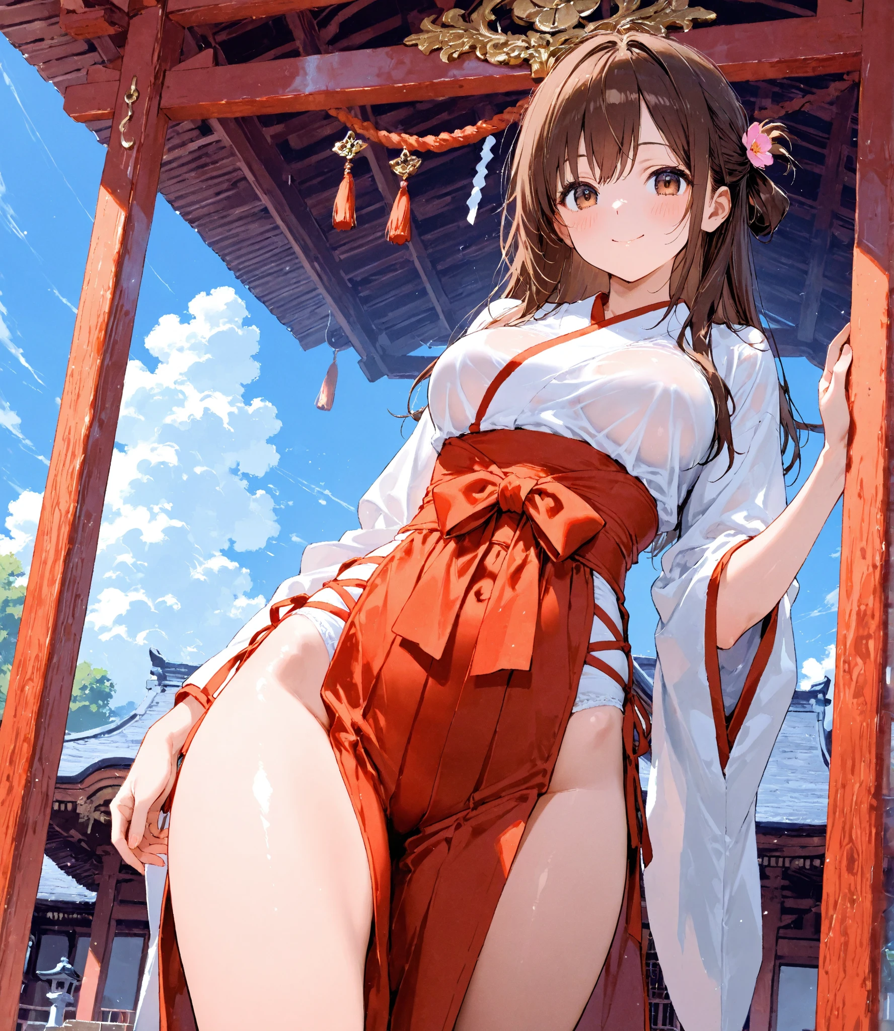 高いquality illustration, masterpiece, Very delicate and beautiful, Attractive girl,(Orange floral print yukata、White loincloth),thin,Slender body,slim、Shrine background at night,Princess, Beautiful Eyes,smile、Embarrassing、blush(masterpiece, Highest quality:1.2), High resolution, Very detailed CG ユニティ 8k 壁紙, Perfect lighting, colorful, 超High resolution,4K,Very detailed, photograph, 8k, High resolutionolution, 17 years old、tits、濃いPubic hair sticking out、Pubic hair sticking out、Close-up of the crotch from directly below
