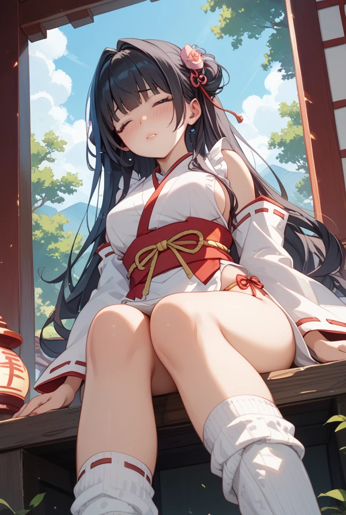 (masterpiece, best quality, detailed), 1girl, solo, looking at viewer, defhestia, twintails, hair ornament, 
miko, japanese clothes, red hakama, wide sleeves, white kimono, ribbon trim, hakama short skirt, outdoors, night, torii, shrine, east asian architecture, arm on knee, cameltoe, head rest, knees together feet apart, panties, sitting, stairs, upskirt, smile, open mouth