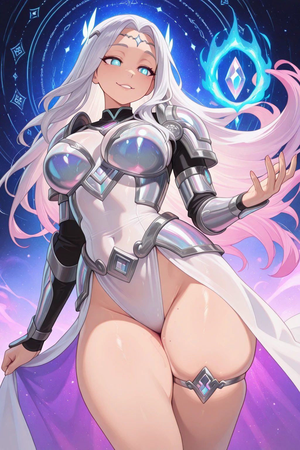 1girl, dark skin, dark-skinned female, white hair, long hair, yellow eyes, large breasts, breasts, thick thighs, wide hips, mature female, milf, tall, tall female, toned, toned female, smile, futurustic, science-fiction, machinery, tech, white clothes, white bodysuit, bodysuit, neon trim, neon, neon lights,