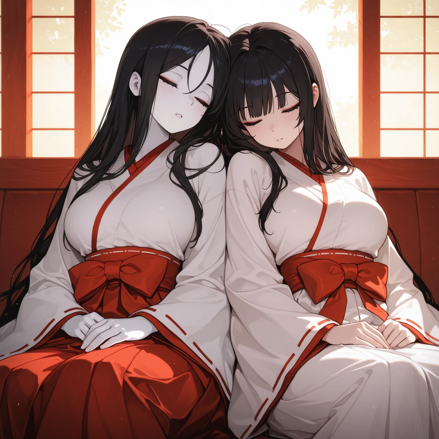 Yamamura Sadako has long hair, red eyes, hair covering eyes, red face, white clothes, smile, big breasts breast enlargement, full-body shot at home, looking at the camera