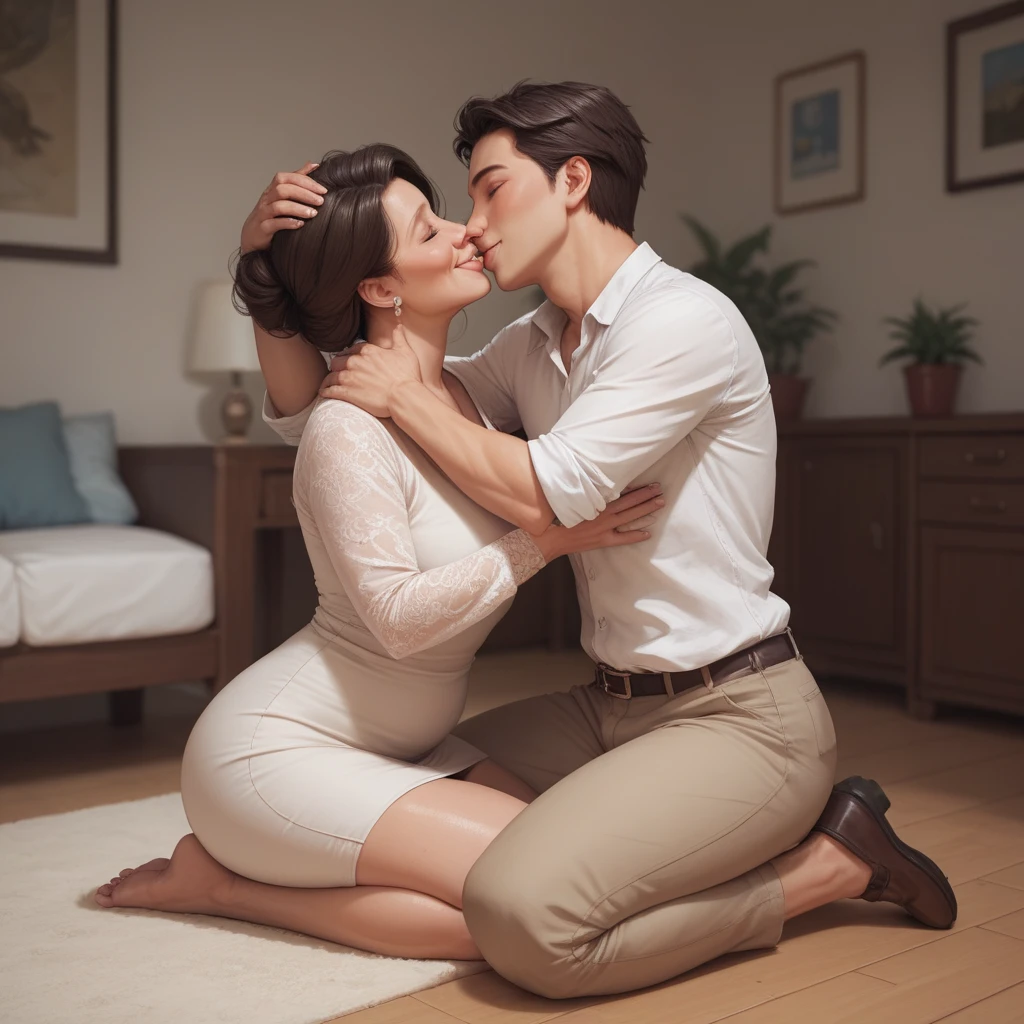 score_9, score_8_up, score_7_up, 1boy, 1girl, mature female, mother and son, kid, hug, kiss, hand on head, kneeling, in a room, mom blowjob son