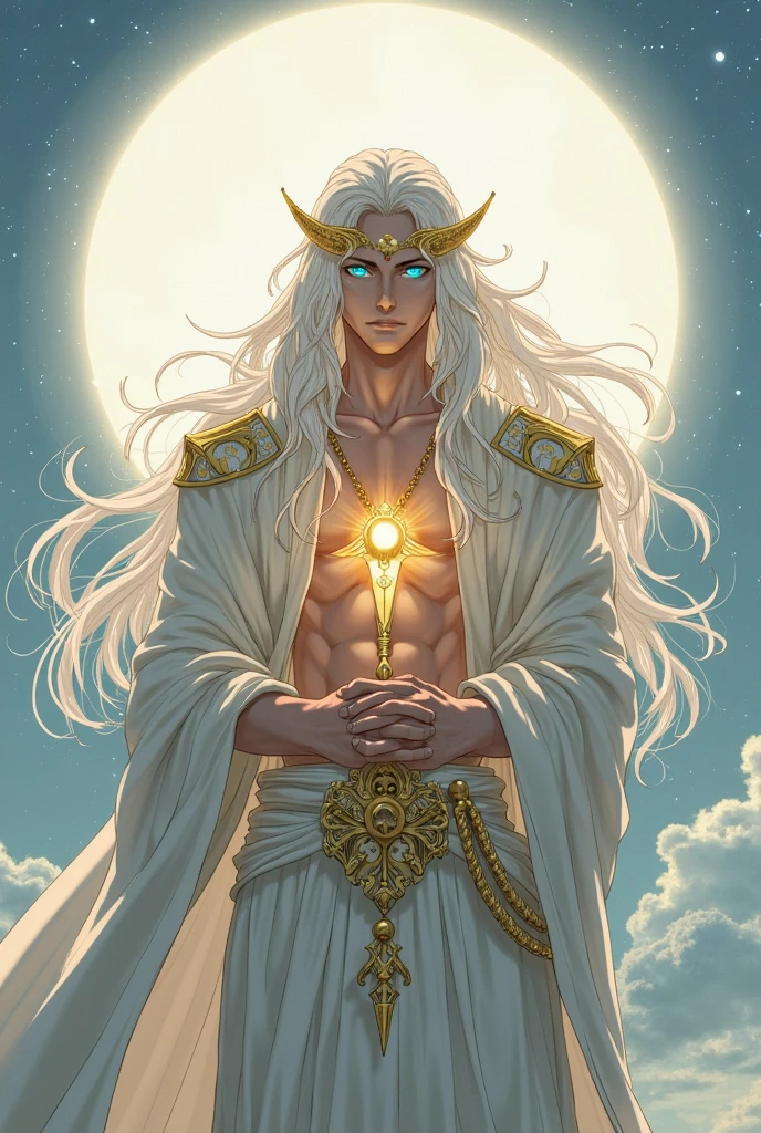 Best Quality, CG Unit, masterpiece, Hyperrealistic image of an extremely handsome and tall 30 year old man., dressed as a holy fantasy cleric in transparent white robes, exposed chest, kneeling in prayer, seeking out, bulk, ((magic golden particles)), ((golden locks surround it)), a ray of light shines directly on his face, perfection, absurdly elaborate fantasy shoulders, Whole body, fill the frame, Very detailed, intricate details, sharp focus, Ambient lighting, dramatic shadows, (((without watermark)))