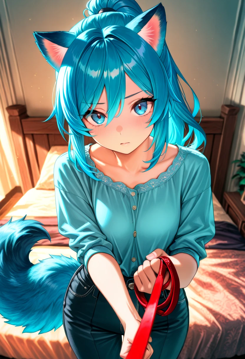 Miku Hatsune, add high definition_detail:1, blue fur,kitsune ears, tribal tattoo add_detail:1, pretty girl add_detail:3 18 year old girl, posture in bed Ferocious fangs, sharp fangs, wild sharp claws