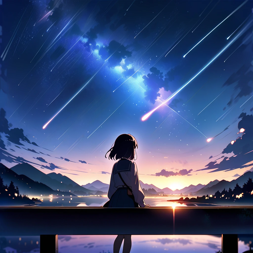 "A tranquil, wave-less cove at twilight, where a flock of birds is taking flight against a colorful sunset sky. A stunning meteor shower illuminates the sky, with meteors leaving faint rainbow trails. In the distance, a faint, shimmering mirage is barely visible on the horizon. A gentle, cold breeze ripples the water, reflecting the vibrant colors of the sky. Include a small, unassuming figure of a woman with her back turned or in profile, blending into the scene without drawing attention, as she gazes towards the horizon."