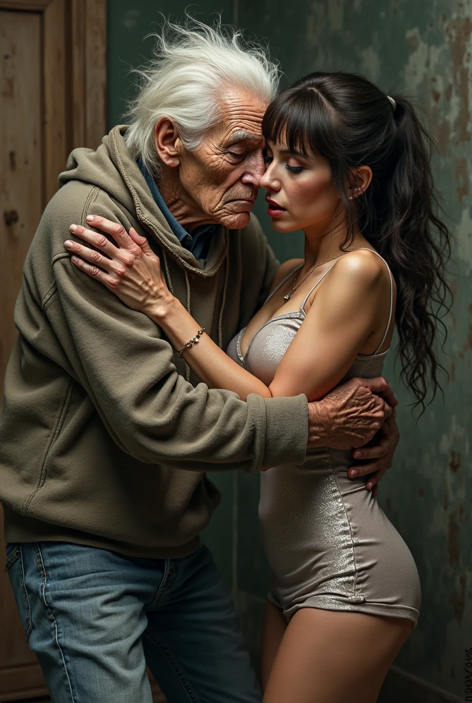 arafed woman sitting on a couch with an older man, old and young, by Grzegorz Rutkowski, by Eugeniusz Zak, an oldman, very realistic, some wrinkled, old and wrinkled, by Konrad Krzyżanowski, by Hristofor Zhefarovich, very very realistic, 7 0 years old