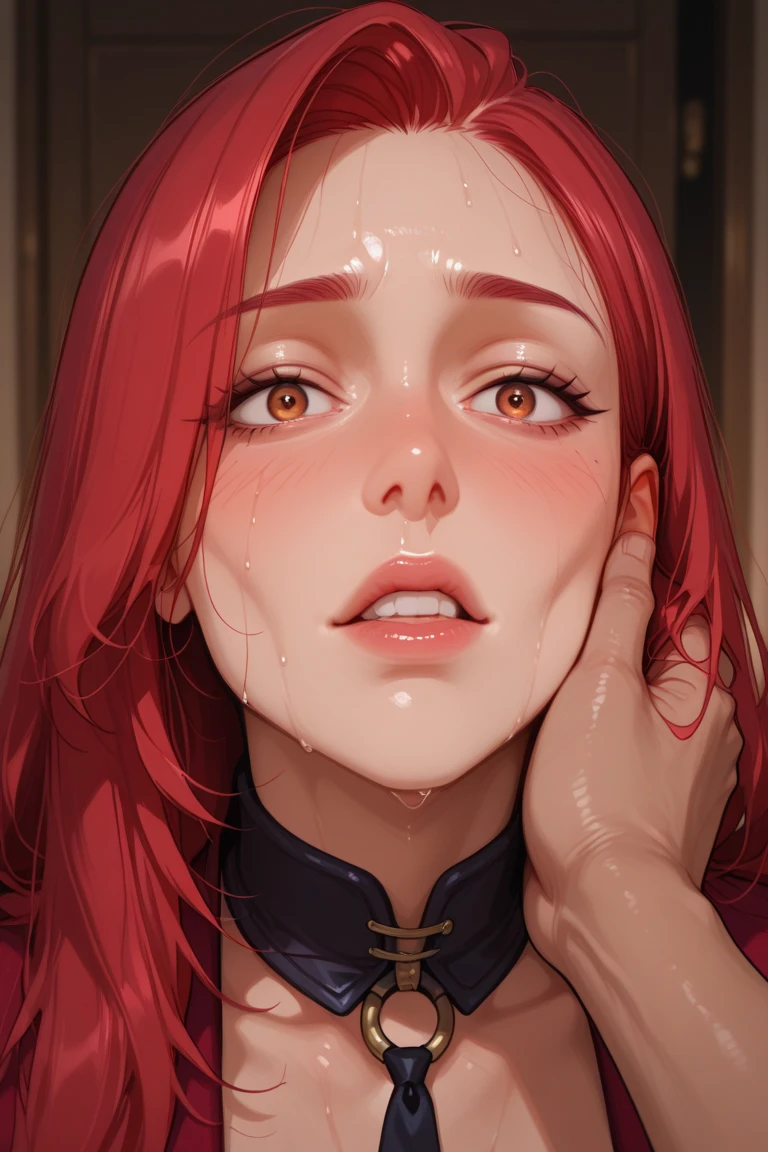 Red hair girl blowjobs deepthroat , runny makeup, in a sheer lace bodysuit , hard deepthroat, blue eyes, pov firsperson view, dick goes deep throat , rolling eyes, half closed eyes, tears