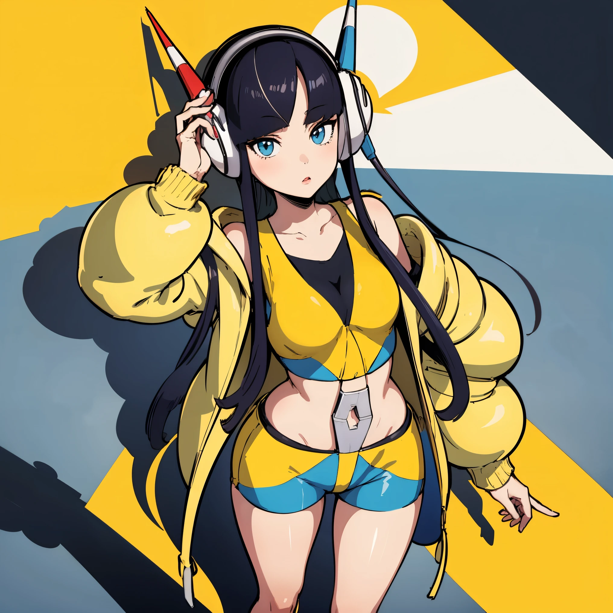 cover 、 雑誌の cover 、 masterpiece, Highest Quality, bw2 elesa , dark haired, Type, long side locks , hair ornament, headphones , yellow jacket, Puffed jacket, yellow crop tops, YELLOW AND BLUE SHORTS, standing in front of a girl, viewers, Table Top、 angle from above