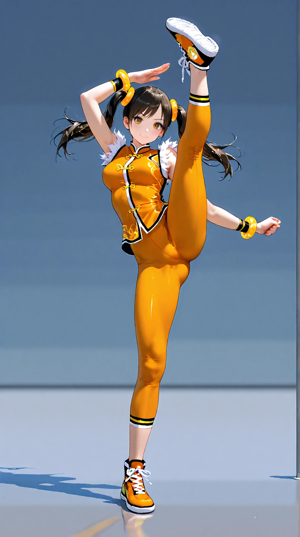Japan female students、See-through yellow bodysuit、The whole body can be seen from directly below、Delicate body、flat chest、Pony tail、Beautiful open legs