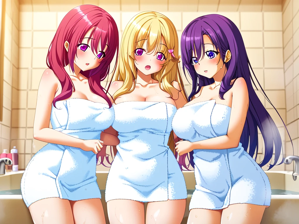 Akeno Himejima, 1girl, (((bimbo))), long blond gray hair, purple eyes, ear rings, (((bimbo))), puffy lips, painted lips, thick lips, smile face, wide hips, thick thighs, tight pink bikini, huge round ass, huge natural Hitomi Tanaka breasts, fishnet, full body, in the hot spring, pull bra