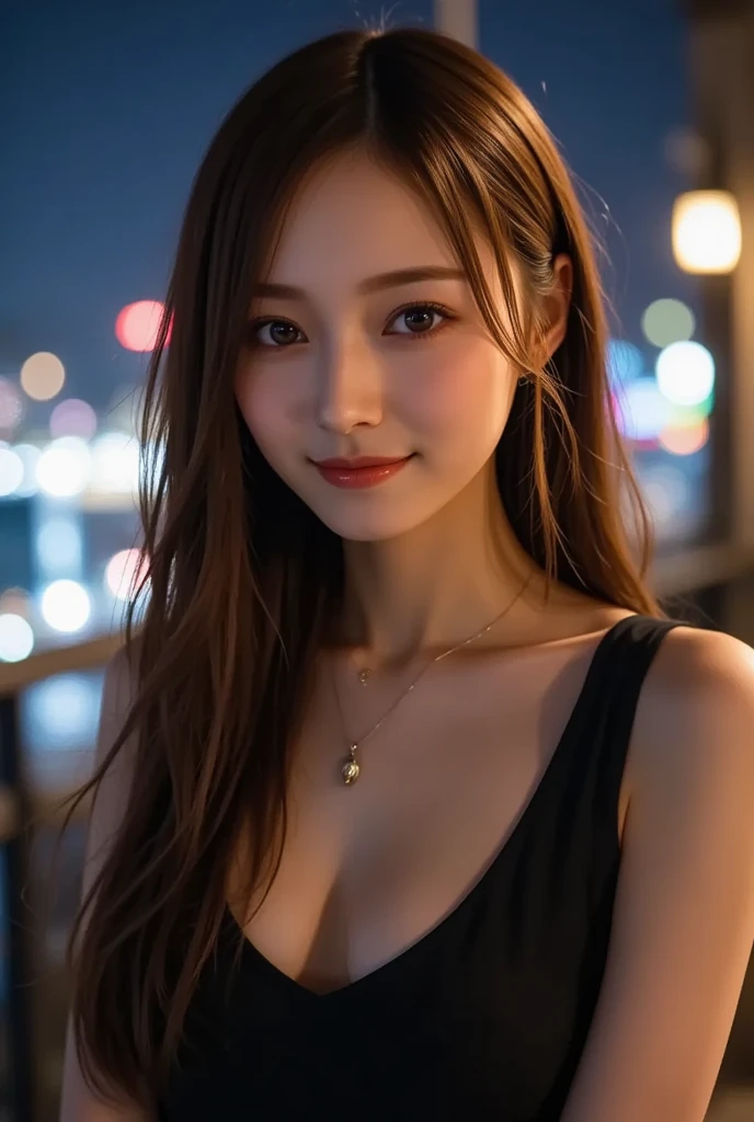 1 girl, Tokyo Street,night, Streetscape,City lights,Upper Body,close,smile,, (8k, RAW Photos, highest quality, masterpiece:1.2),(Realistic, photo-Realistic:1.37),