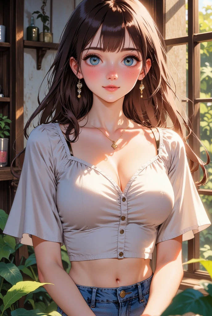(masterpiece:1.2, top-quality), (realistic, photorealistic:1.4), beautiful illustration, (natural side lighting, movie lighting), 
looking at viewer, cowboy shot, front view:0.6, 1 girl, japanese, high school girl, perfect face, cute and symmetrical face, shiny skin, 
(long hair:1.8, drill hair:1.7, dark brown hair), hair between eye, emerald green eyes, long eye lasher, (large breasts:0.9, thick thighs), 
beautiful hair, beautiful face, beautiful detailed eyes, beautiful clavicle, beautiful body, beautiful chest, beautiful thigh, beautiful legs, beautiful fingers, 