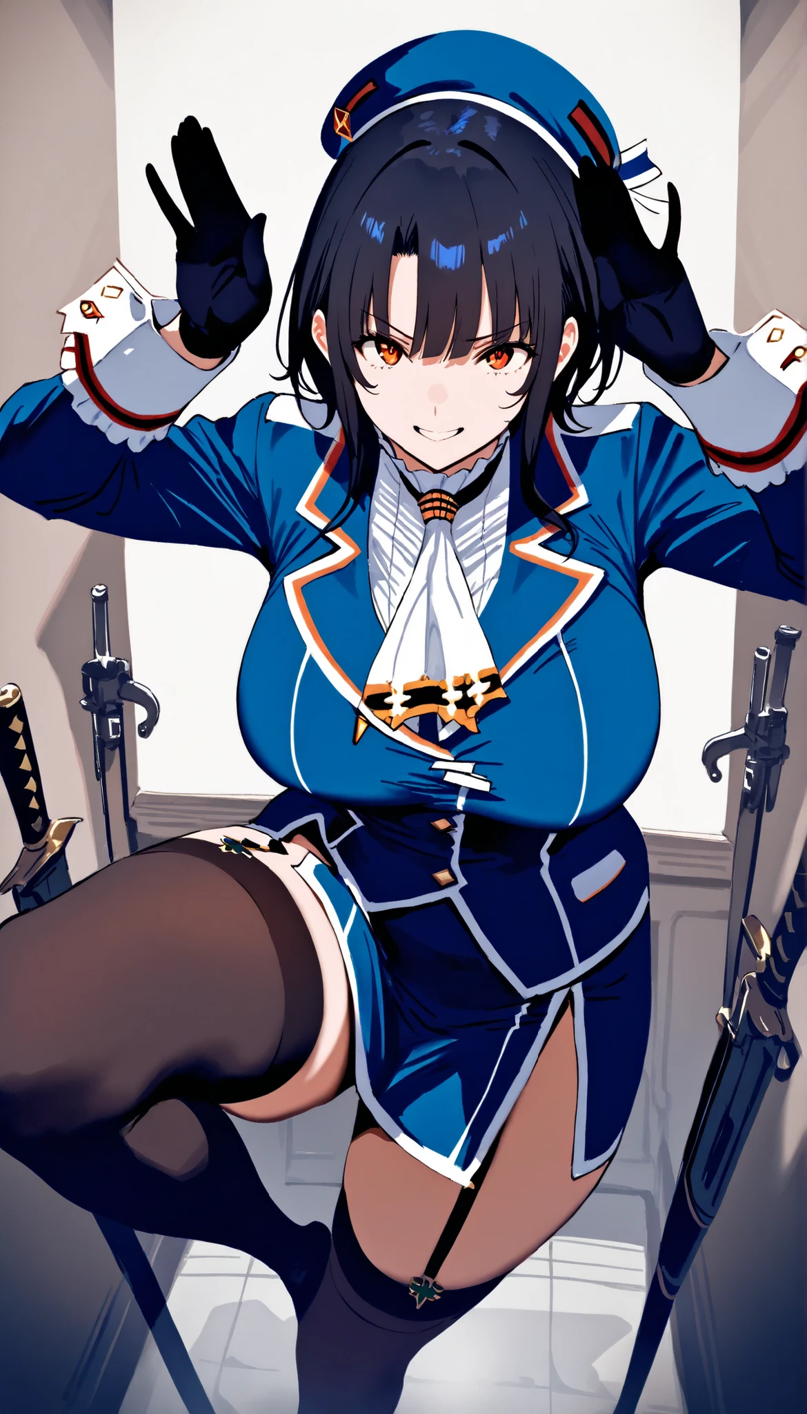 masterpiece, high score,  Great score ,very high resolution,fleet this is,Takao,(((simple background))),uniform,miniskirt,beret,stare at viewers in the mansion's bathroom,(((Between clothes))), 
happy,dynamic pose,Black Gloves,weapons,black knee-high stockings,Rabbit ear pose ,Big breasts,