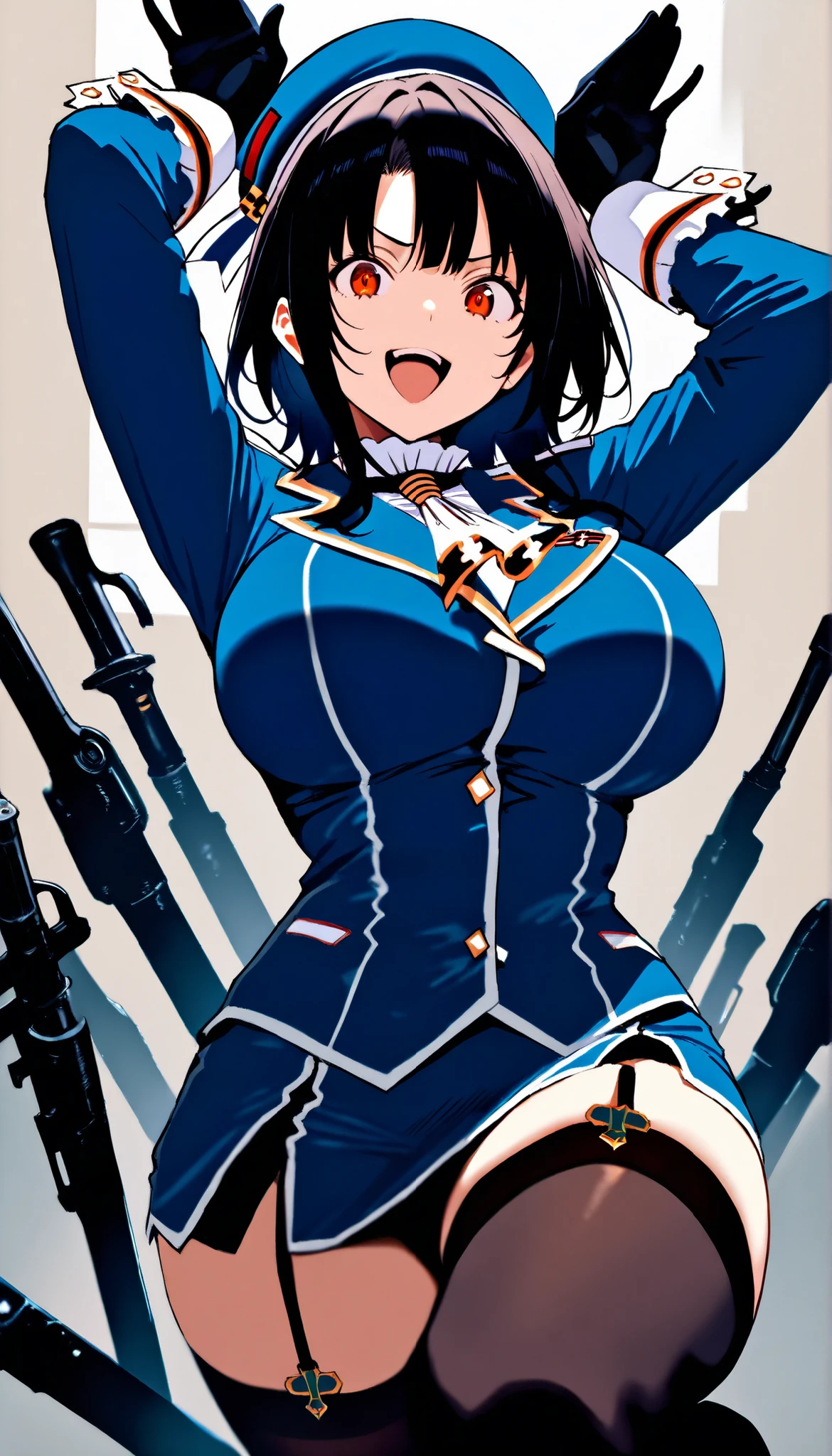 masterpiece, high score, Great score ,very high resolution,fleet this is,Takao,(((simple background))),uniform,miniskirt,beret,stare at viewers in the mansion's bathroom,(((Between clothes))),
happy,dynamic pose,Black Gloves,weapons,black knee-high stockings,Rabbit ear pose ,Big breasts,
