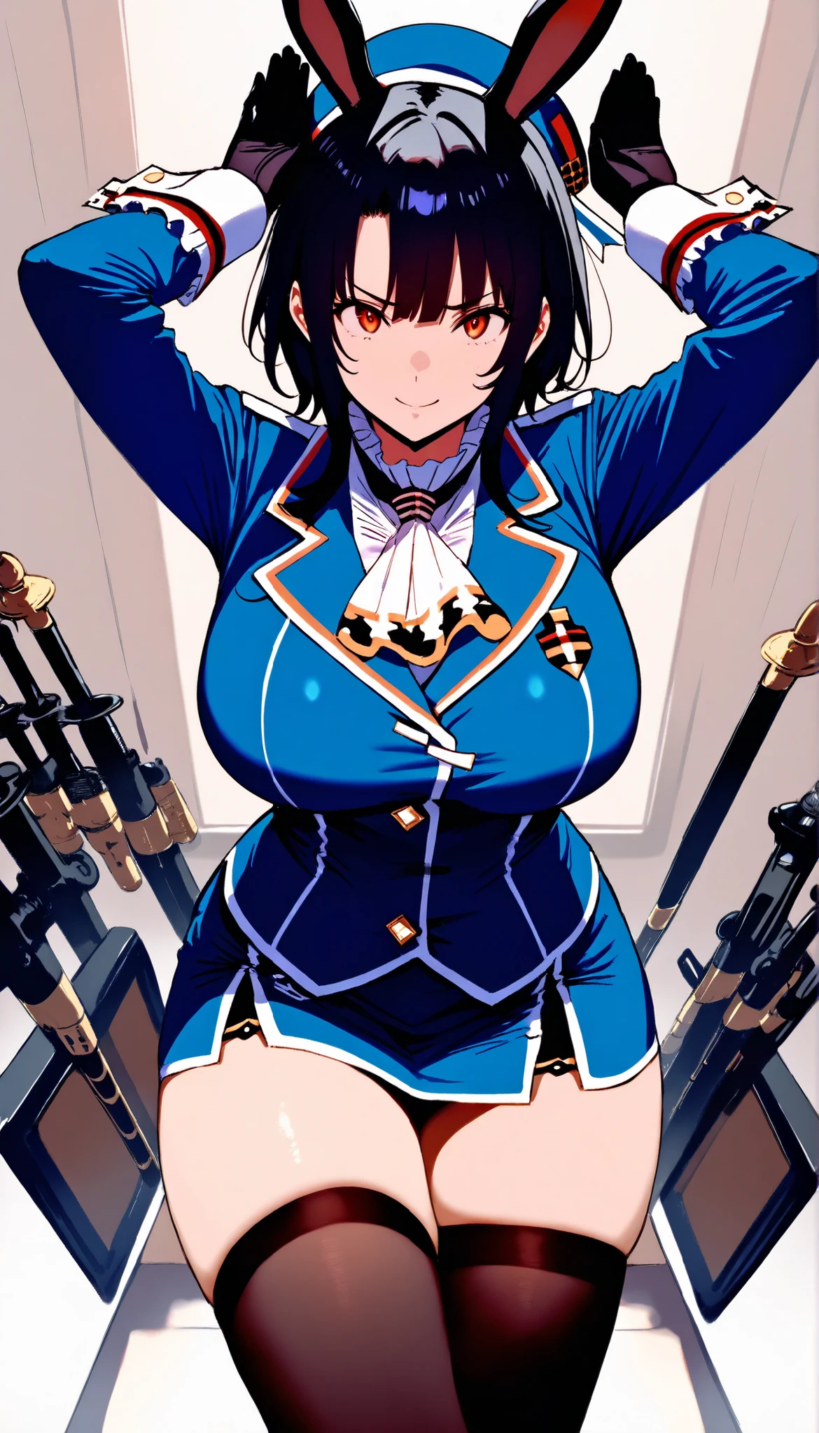 masterpiece, high score, Great score ,very high resolution,fleet this is,Takao,(((simple background))),uniform,miniskirt,beret,stare at viewers in the mansion's bathroom,(((Between clothes))),
happy,dynamic pose,Black Gloves,weapons,black knee-high stockings,Rabbit ear pose ,Big breasts,