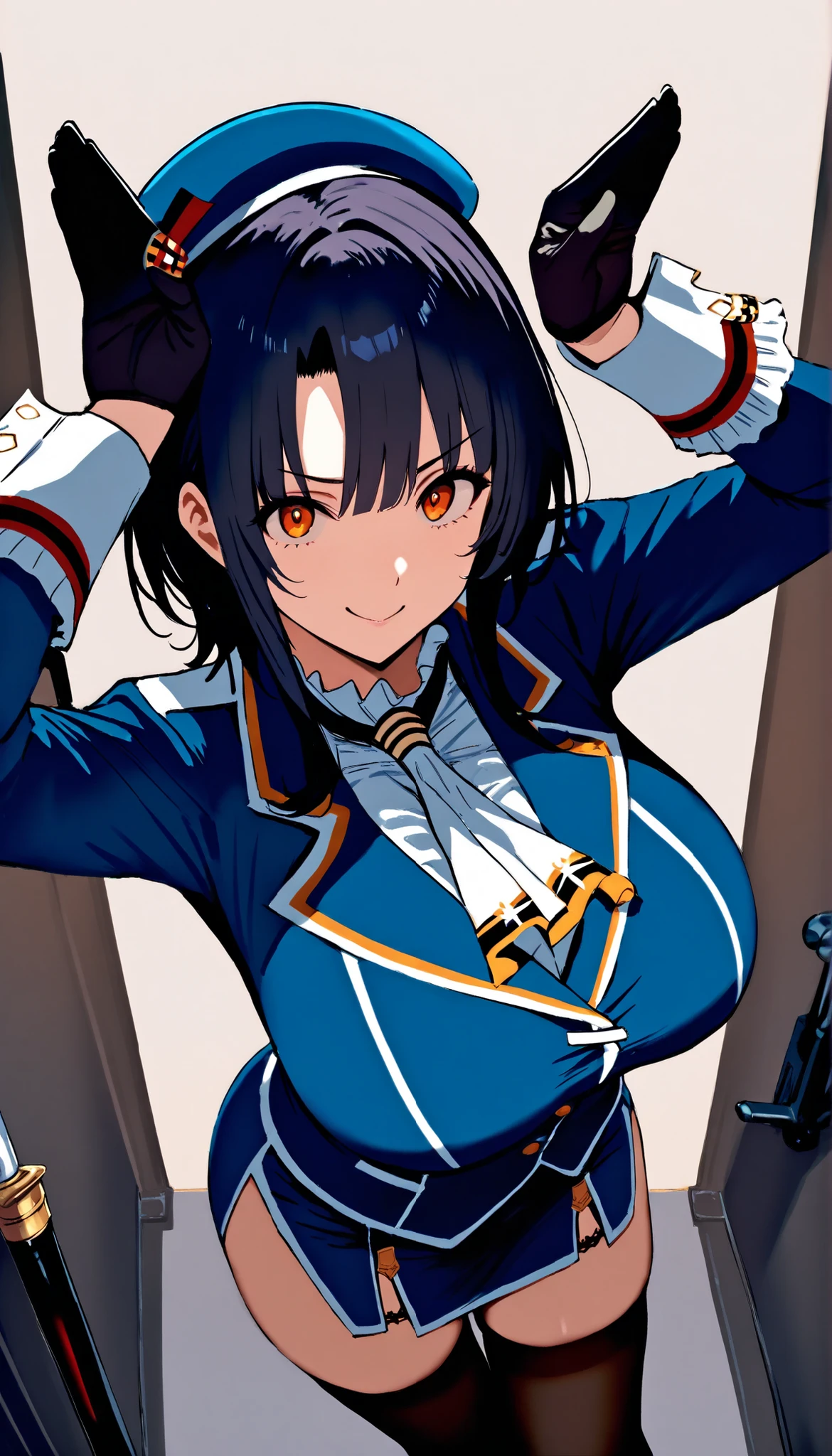 masterpiece, high score, Great score ,very high resolution,fleet this is,Takao,(((simple background))),uniform,miniskirt,beret,stare at viewers in the mansion's bathroom,(((Between clothes))),
happy,dynamic pose,Black Gloves,weapons,black knee-high stockings,Rabbit ear pose ,Big breasts,