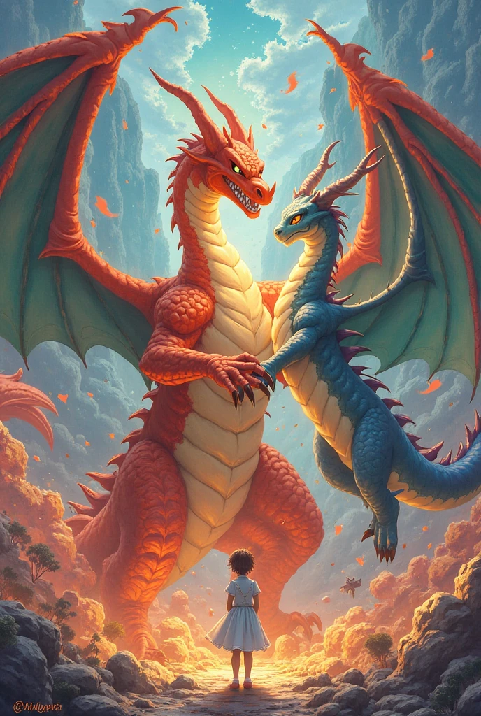 A small child with a fire dragon spirit fights a small child with a water dragon spirit