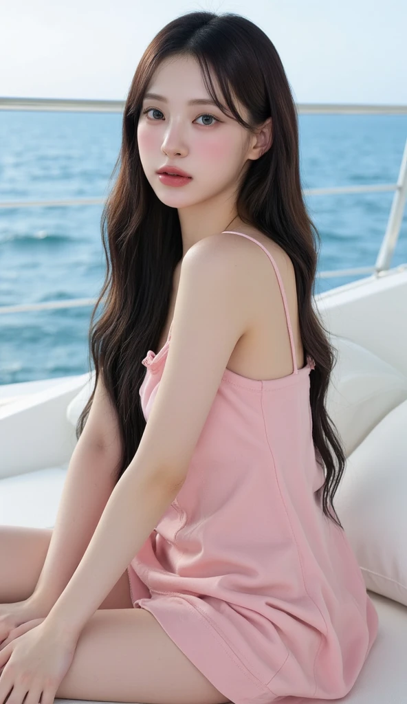 1girl ,Sitting on the yatch,cross one's legs,Chinese beauty,A day-haired,length hair, blurred background