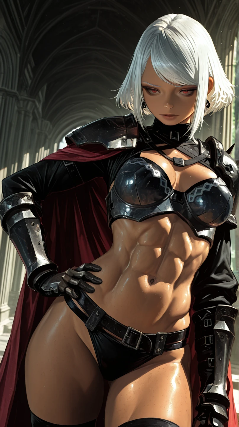 A girl with robotic fully mechanical body, all body mechanical parts, platinum white buzz cut right part hair, ((red meshed side hair)), ((top hair platinum dyed, side hair red dyed)), Russian face, very muscular, soulless face, powerful, Russian girl face, (small black Cape), ((all body metal with ifbb pro body shape))