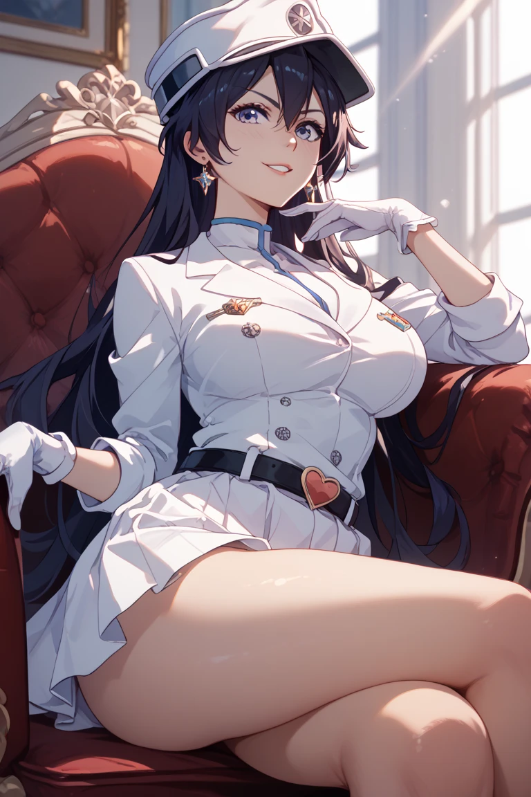masterpiece, best quality, 1girl, solo, sitting, looking at viewer, seiza, thick thighs, <lora:marciana-nikke-richy-v1:0.8> marciana, very long hair, navel, midriff, epaulettes, ascot, crop top, large breasts, white pants, white gloves, long sleeves, waving, inviting, beckoning