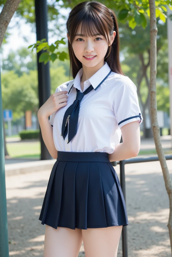 Pure Japanese school girl, sexual attractive, outstanding body, beautiful legs, wearing loose uniform, panty, sweet smile, sitting on bench, refreshing in early summer park, composition from the front,