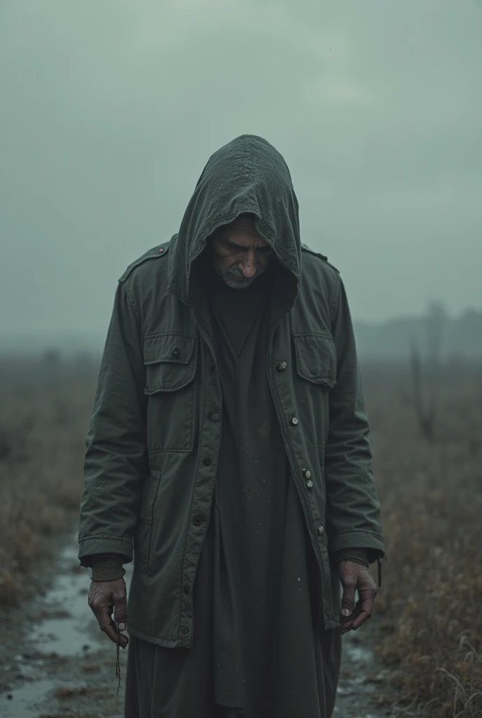 creepy scene, Disgusting old man coming, full body, creepy big knife, wearing rags, creepy smile, humedity wilderness, country side, creepy smog