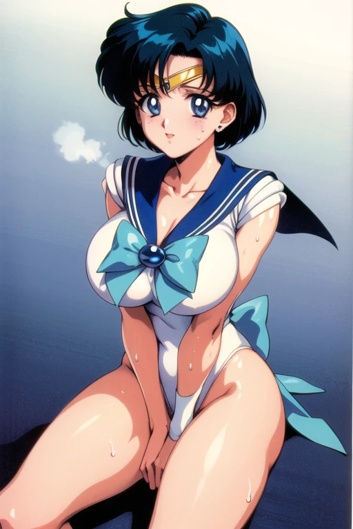 masterpiece, Highest quality, High resolution, Mel 1, tiara, Sailor Warrior Uniform, Blue sailor collar, bow, Knee Boots, choker, White gloves, blue choker, elbow gloves, jewelry, Earrings, Blue Skirt, Cowboy Shot, 1990s \(style\),、Big Breasts、Sweat all over the body、vapor、Spread your legs、squat、Raise your arms、Show your side