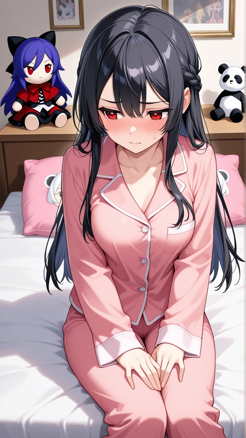 Perverted man Possessed DVa, glowing red eyes, seductive grin, horror ambience, dark, bedroom, happy, waking up in Dva's body, bedroom, sitting in bed, in awe, looking at own body, wearing pajamas