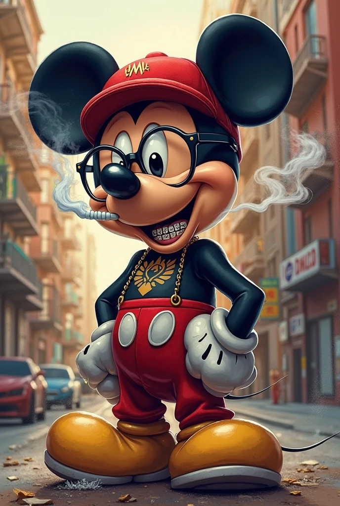 mickey mouse with a cigar and gold chain and sunglasses