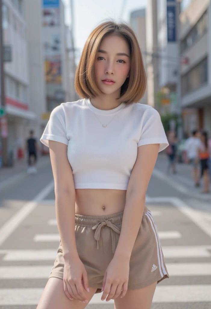 Tight white short-sleeved T-shirt showing the navel、(Slim Damaged Jeans)、sneakers、1 slender girl、Bob Hair、Brown Hair、Medium breast、Walking around town、Masterpiece 1.3、Raw photo、Masterpiece、Detailed Background、Pausla 1:5、bag、
