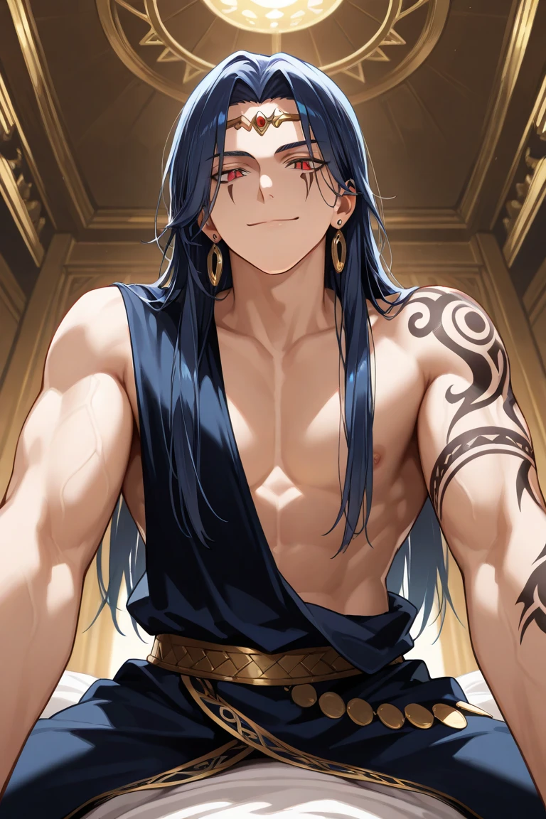 man,side view, open mouth, angry, shirtless, tone skin,handsome, shirtless man side view, thin man, inland tribe, interior tribal hat, not muscular , debate , ((side view )) ((tone skin))