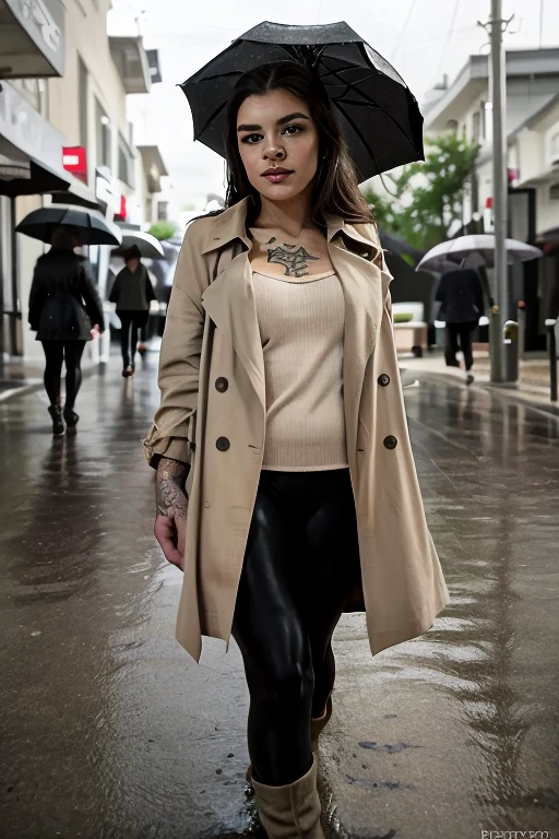 1girls, Nur, green Hair , 24 years old ,((Best Quality, 8K, Masterpiece:1.3)), Focus: 1.2, Perfect Body Beauty: 1.4, Hips: 1.2, ((Layered Haircut, , (Rain, Street:1.3), High Detail Facial and Skin Texture, Thin Eyes, Double Eyelids, Whitening Skin, , (Shut up: 1.3), Smile, wearing a stylish fancy blouse, wearing a large stone piercing in her navel, wearing a skirt with a mini leather belt underneath, stylish boots on her feet and She should have fishnet stockings, a stylish trench coat and an umbrella in her hand.