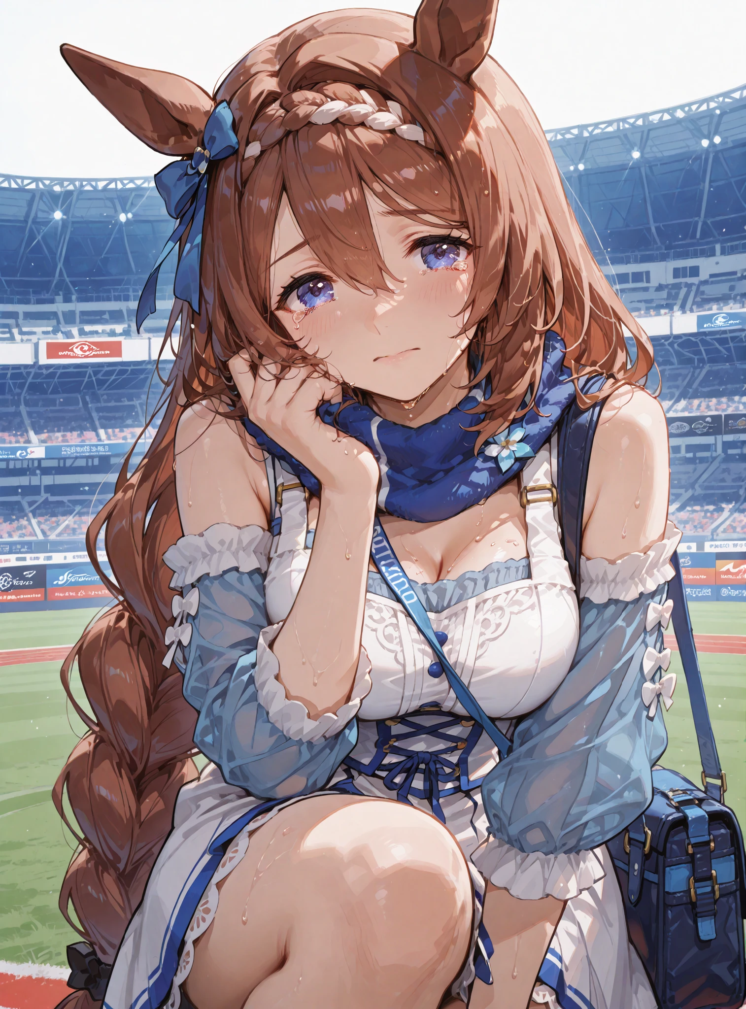 super creek (umamusume), head to knee angle portrait, standing in a quiet corner of a race stadium with a blurred track and stands in the background, wearing her official racing outfit: a loose-fitting one-piece dress in grey and blue tones with a motherly elegance, featuring blue sleeves that flare out from the elbows, a blue sash-like line across the chest resembling a racing horse's tack, an A-line skirt that flares out towards the hem for ease of movement and grace, a fluffy snood-like scarf around her neck enhancing her gentle aura, a shoulder bag with first-aid supplies symbolizing her nurturing personality, and a blue hair accessory matching the outfit's color scheme, crying with a regretful expression, sweat and tears on her face, soft evening light, anime style, ultra-detailed, 4K resolution