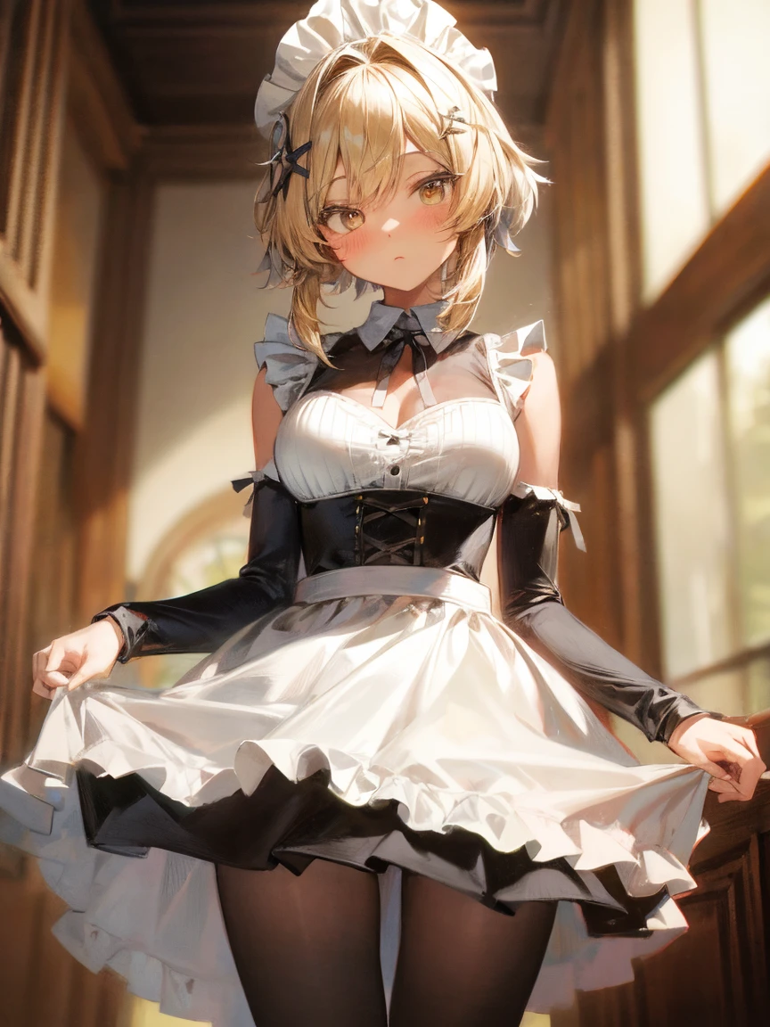 Idol, Masterpiece, Top Quality, Beautiful Face, Absurdity, HDR, (Cowboy Shot, White Ruffled Lace Mini Dress, White Collar, White Ruffle Cuff, Particles: 1.5), (Bloom, Glow: 1.4), (Smile), (Blonde Short, Yellow Eyes: 1.7), Sharp Focus, Photorealistic, High Resolution, Best Detailed, Ultra Detailed, Detailed Face and Eyes, Sharp Pupils, Realistic Pupils, Sharp Focus, Glossy Skin, (Black Corset: 1), (Dark Studio, Dark Background: 1.5), Rim Lighting, Dynamic and Cinematic Lighting, (((Skirt Lift: 1.3)))), ((White Panties Visible))),