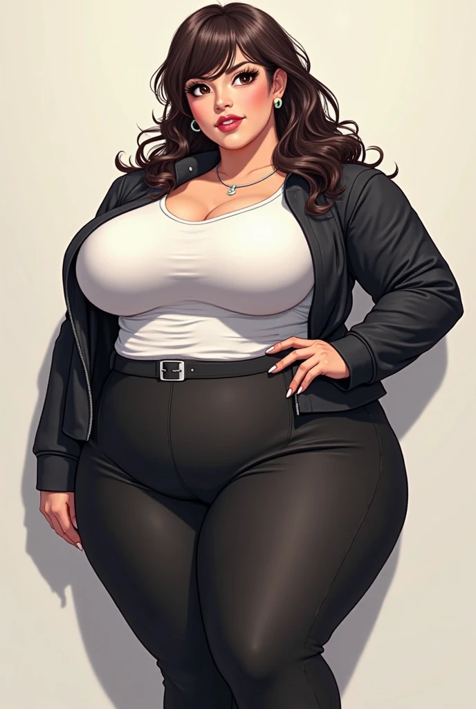 Masterpiece, hi res, absurdres, Best Quality, 4K, 8K, detailed, 1girl,solo, Mature female,  tall, long Brown hair, stoic face, white pants,green shirt,tall,milf,red lipstick, prominent lips,curvy, big ass,hand on his,Big breasts,Protruding crotch,Big bulge on pants,shemale, genitalia outline on clothing, erection,(Very big bulge),male genitalia, bulge