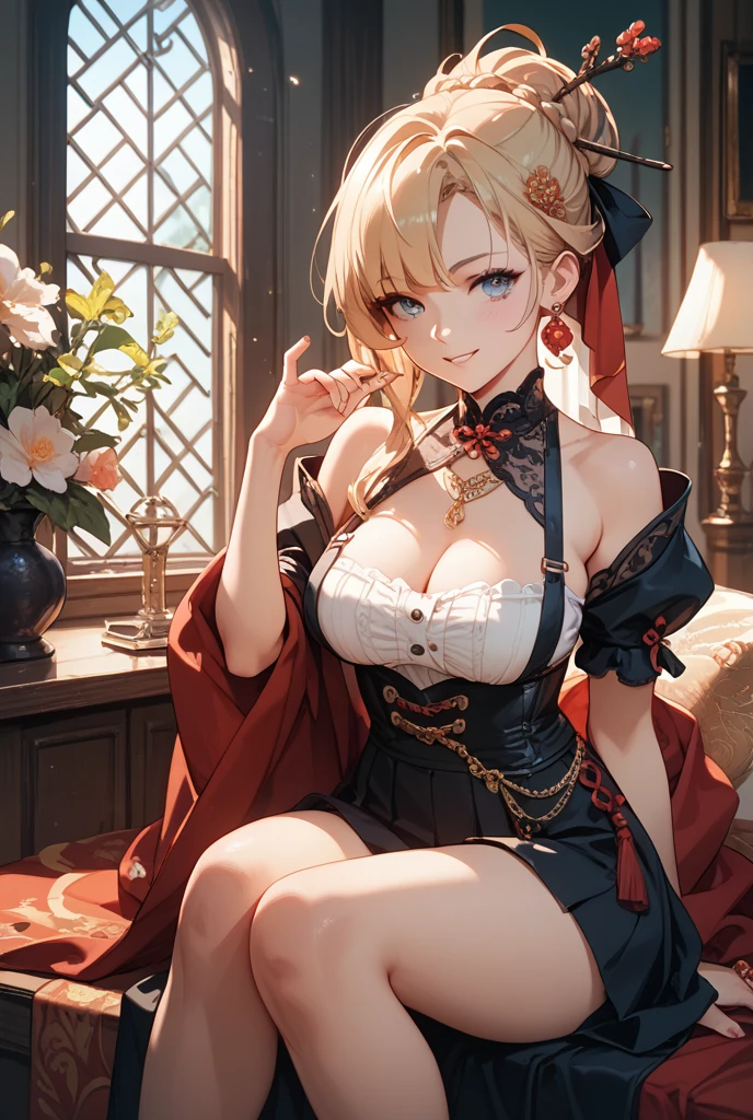 Please follow all prompts below exactly and faithfully. This is a breathtaking masterpiece of digital illustration, with maximum resolution, UHD, 512K, 2160p, 10 million ppi, 300 million dpi, natural color tones, ultra sharp details, perfect outlines with contrast, **most realistic skin and hair textures**, most beautiful detailed eye features, perfect anatomically correct human body, beautiful background with depth, rule of thirds, depth of field, Maximize all element is used to its full potential to create the best digital illustrations, A very sexy and elegant woman with a perfect body style, a beautiful sharp face, slim figure, gravity-defying large breasts, beautiful green eyes, (shiny blonde shaggy cut short hair covering one eye), glossy, sensual, Chinese dance costume with vibrant colors and intricate patterns, featuring a flared skirt, embroidered peony designs, copper accents, long organza sleeves, traditional wave motifs, elegant draping, colorful sashes, ornate headpiece, delicate lace, shimmering sequins, layered textures, and graceful silhouette.