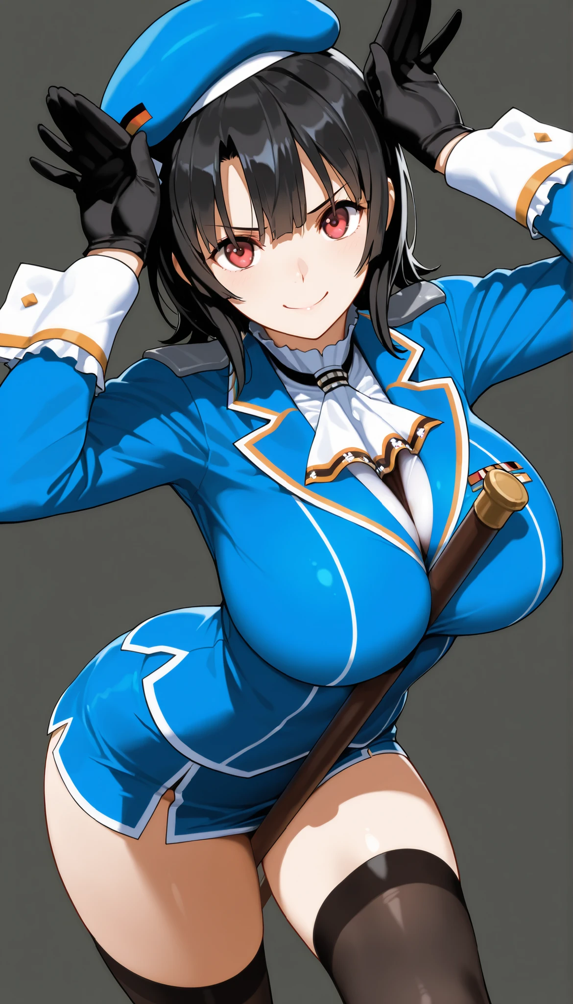 masterpiece, high score, Great score ,very high resolution,fleet this is,Takao,(((simple background))),uniform,miniskirt,beret,stare at viewers in the mansion's bathroom,(((Between clothes))),
happy,dynamic pose,Black Gloves,weapons,black knee-high stockings,Rabbit ear pose ,Big breasts,