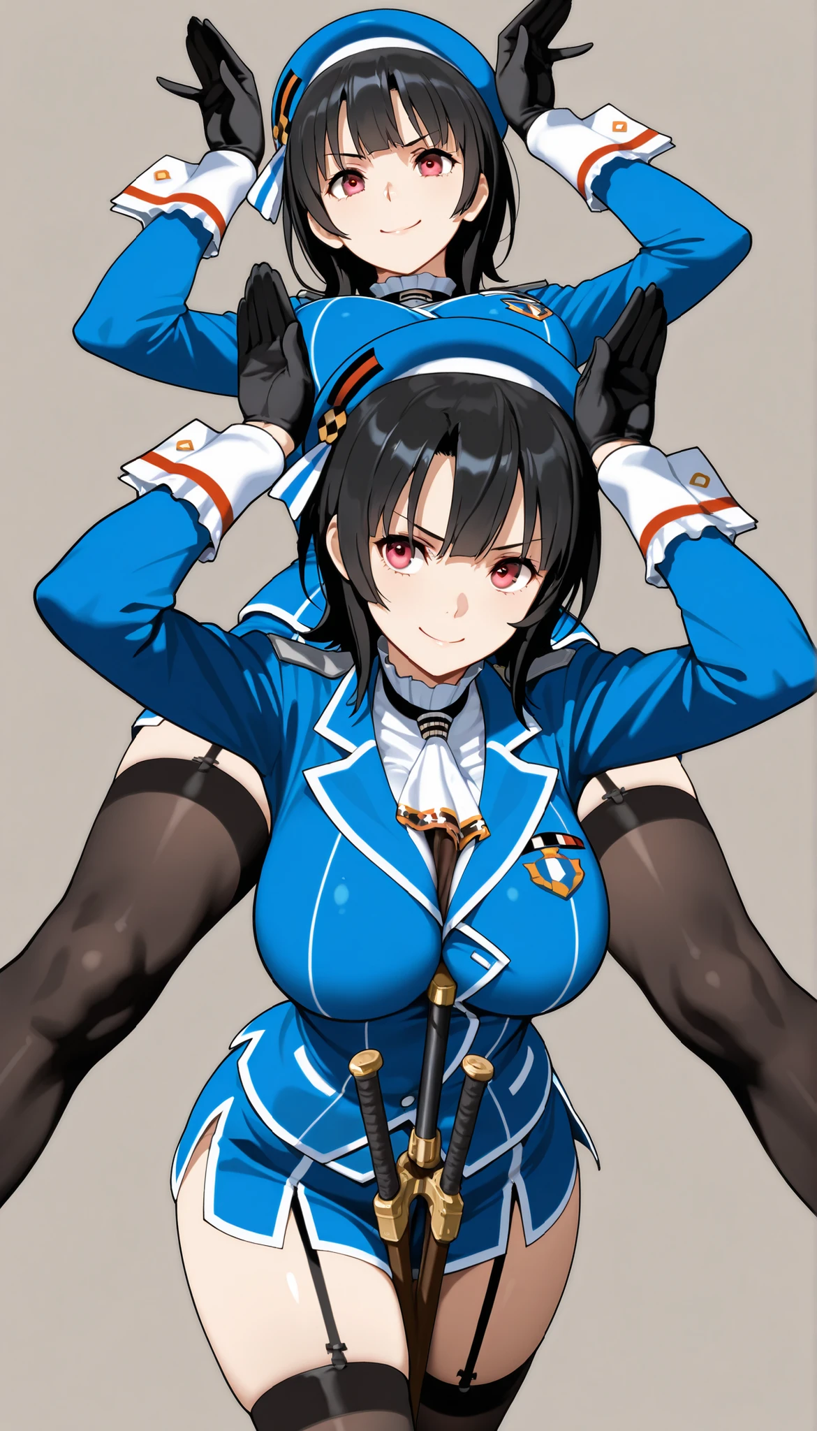masterpiece, high score,  Great score ,very high resolution,fleet this is,Takao,(((simple background))),uniform,miniskirt,beret,stare at viewers in the mansion's bathroom,(((Between clothes))), 
happy,dynamic pose,Black Gloves,weapons,black knee-high stockings,Rabbit ear pose ,Big breasts,