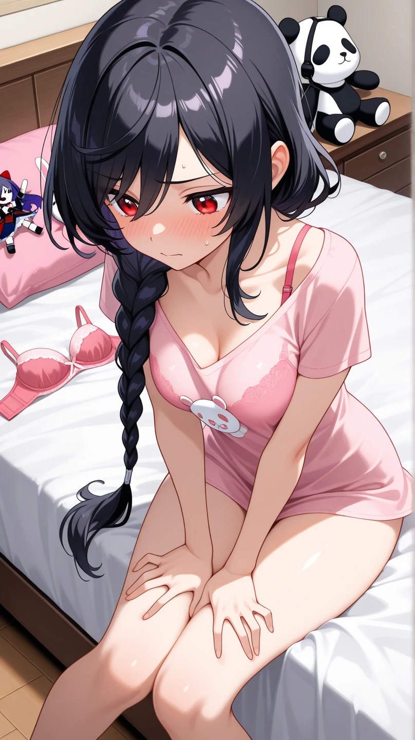 Cabello negro ondulado, mirada penetrante con ojos profundos de color rojo, estatura promedio, Silky hair with a ponytail hairstyle collected with a red bow with two white lines., acostada en su cama ,sin ropa , tiene vagina, tiene pechos,NSFW, poses pervertidas, mirada lujuriosa, pervertida, Uso de una tapa, usando una mini falda, sele ve el calzon abajo de la falda, mostrando mi culo a la camara, Pink lingerie panties 
