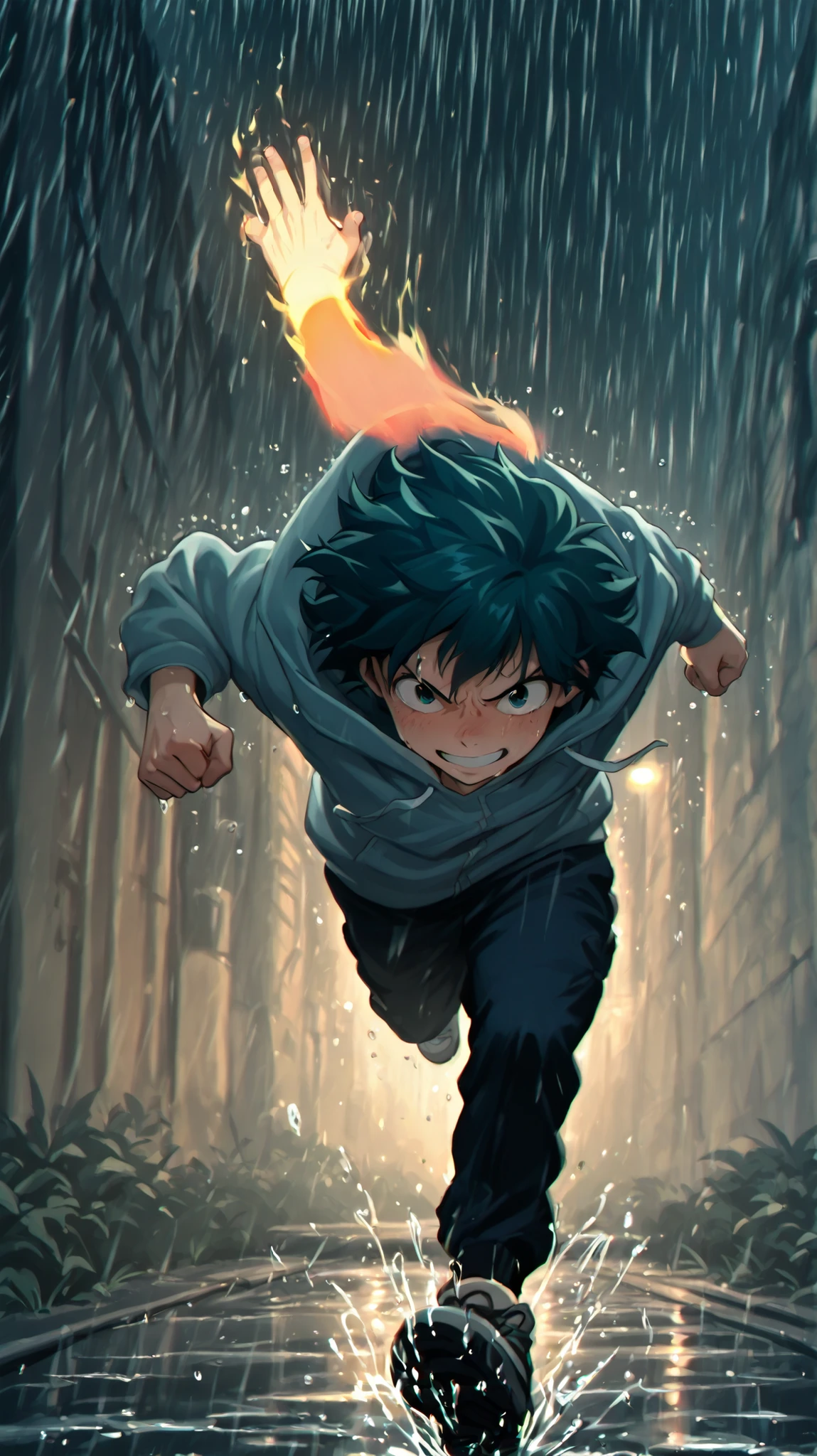 Anime-style boy running fast alone in light rain, dark city alley, confident face but determined eyes, green hair, slow motion, wearing hoodie, soft light glows in puddles, Ghibli style, emotional tone, cinematic feel, rainy evening, high quality, 8K ultra HD