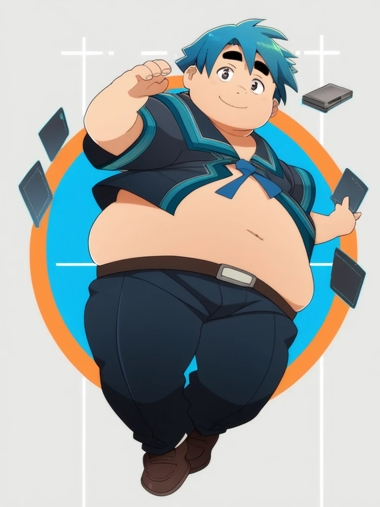 Full Body Blue, Body Noise-Sensing, as a computer folder, Wearing School Uniform, chubby , cute, Belly Big to Reveal Clothes, Fatty, No Glasses , With hair, Overweight, Big belly, anime style