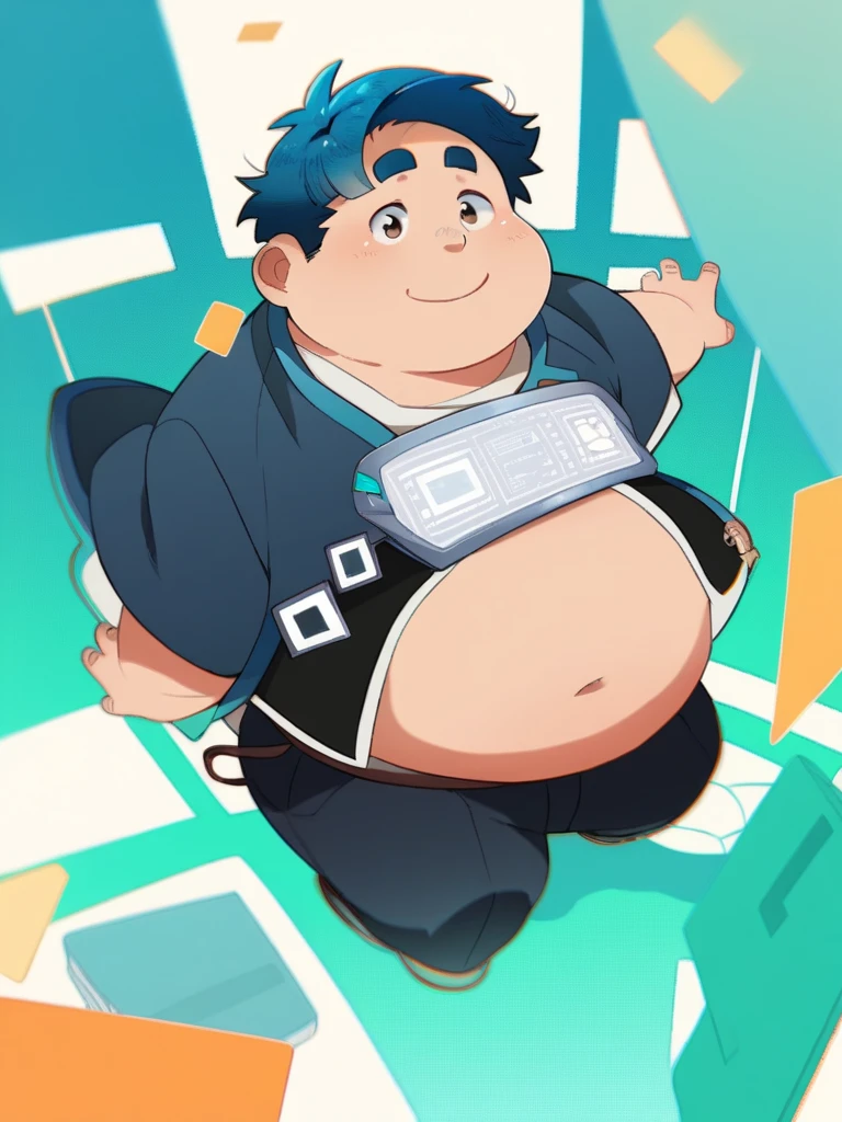 Full Body Blue, Body Noise-Sensing, as a computer folder, Wearing School Uniform, chubby , cute, Belly Big to Reveal Clothes, Fatty, No Glasses , With hair, Overweight, Big belly, anime style