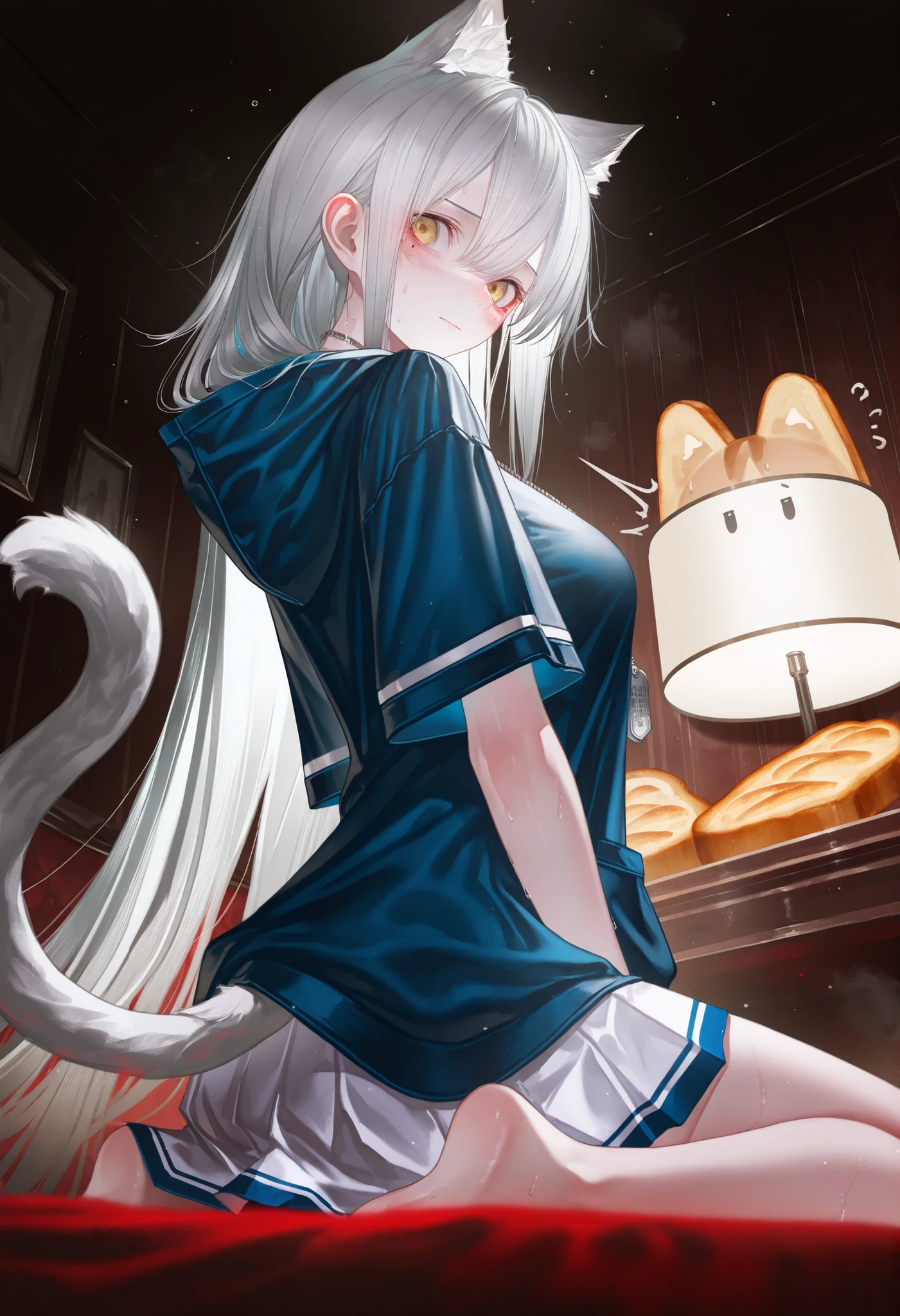 (Artist: onineko: 0.826446), artist: hito komoru, (artist: quartercake: 1.1), (artist: reoen: 0.826446, artist: machi, (7769:1.21) (artist: ningen_mame: 0.9)), fuzzy foreground, ray tracing, lens flash, movie lighting, absurd, 1 girl, solo, gray hair, long hair, hair between eyes, yellow eyes, animal ears, animal ear fluff, Cat's ears (Steamed cat-ear shaped bread), cat tail, shy, blushing, sweating, big chest, sitting on the bed of the classic wooden furniture bedroom seductively, Kneeling posture, necklace, dog tag, blue hoodie, hoodie shirt, blue trim, white dress, short sleeve, short skirt, black tall tube, (Manhattan style), looking at the audience, looking back, from behind, from below, Masterpiece, the best quality, the latest, masterpiece,best quality,newest,